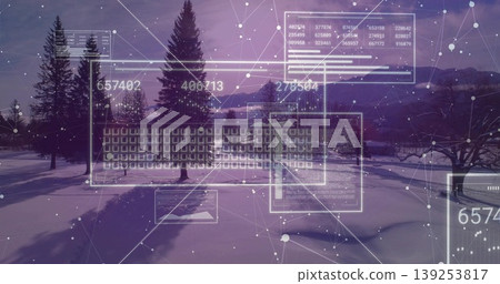 Displaying digital interface in snowy clearing showing data panels node graph grid and line chart Displaying digital interface in snowy clearing showing data panels node graph grid and line chart 139253817