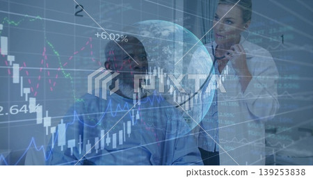 Using stethoscope doctor checking patient in hospital gown in exam room, with stock chart overlay 139253838