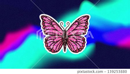 Showing pink glitter butterfly sticker shimmering on neon backdrop, with wavy gradient shapes Showing pink glitter butterfly sticker shimmering on neon backdrop, with wavy gradient shapes 139253880