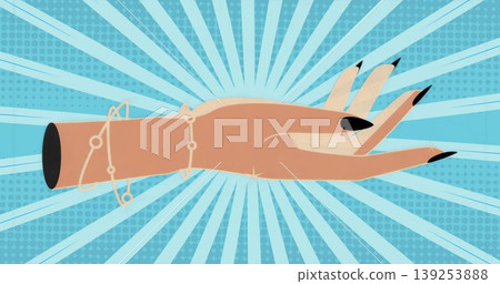 Showing hand and arm reaching across pop art backdrop with black nails and chain bracelets glinting 139253888