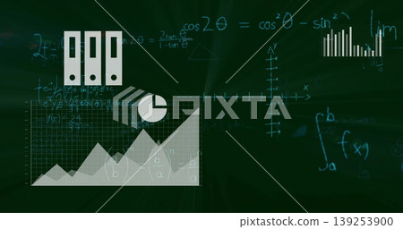 Displaying area chart with peaks on digital chalkboard, with binder icons and pie?chart segment Displaying area chart with peaks on digital chalkboard, with binder icons and pie?chart segment 139253900