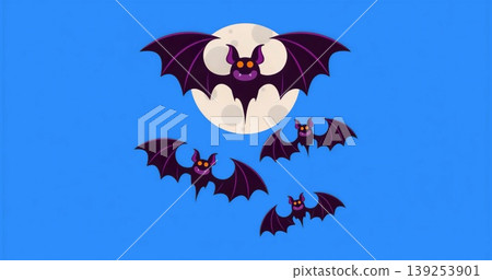Hovering group of five purple cartoon bats fluttering wings across night sky, full moon silhouette Hovering group of five purple cartoon bats fluttering wings across night sky, full moon silhouette 139253901
