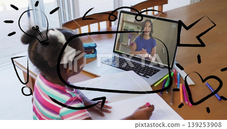 Writing girl student using laptop for class at home dining table, with notebook pens copy space Writing girl student using laptop for class at home dining table, with notebook pens copy space 139253908