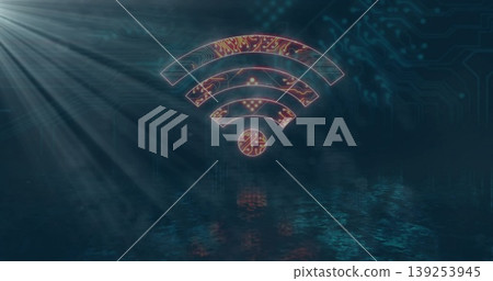Floating WiFi symbol in dark blue digital environment above water surface, glowing under light rays Floating WiFi symbol in dark blue digital environment above water surface, glowing under light rays 139253945