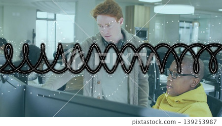 Collaborating coworkers reviewing code in open-plan office with dual monitors, glasses, headphones Collaborating coworkers reviewing code in open-plan office with dual monitors, glasses, headphones 139253987