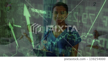 Smiling medical worker reviewing data chart overlays in hospital, with clipboard, stethoscope Smiling medical worker reviewing data chart overlays in hospital, with clipboard, stethoscope 139254000