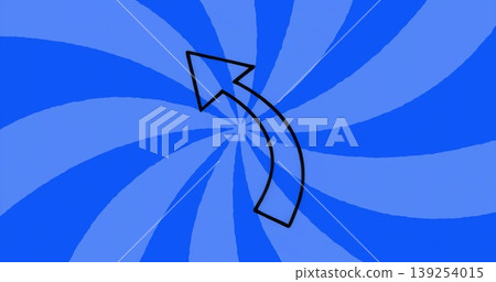 Displaying thick black curved arrow swirling over radial blue pattern in digital layout Displaying thick black curved arrow swirling over radial blue pattern in digital layout 139254015