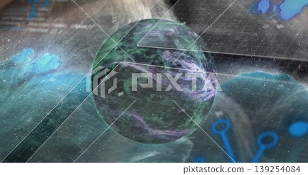Rotating sphere projecting hex overlay in virtual space, with data panels floating blue icon nodes Rotating sphere projecting hex overlay in virtual space, with data panels floating blue icon nodes 139254084