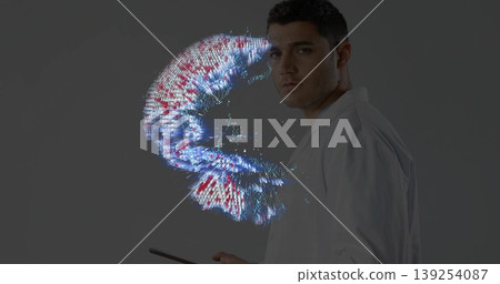 Analyzing researcher in white lab coat holding tablet in lab, with holographic data arc, copy space 139254087