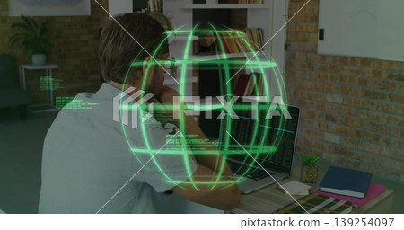 Focusing male developer analyzing code on laptop at office desk, with holographic globe, copy space Focusing male developer analyzing code on laptop at office desk, with holographic globe, copy space 139254097