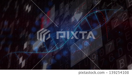 Rendering glowing DNA helix rotating in data visualization environment, with translucent panels Rendering glowing DNA helix rotating in data visualization environment, with translucent panels 139254108