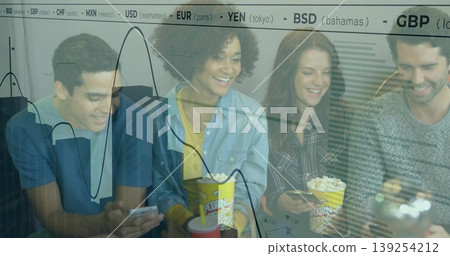 Five friends holding phones and popcorn on sofa in living room, with financial dashboard overlay Five friends holding phones and popcorn on sofa in living room, with financial dashboard overlay 139254212