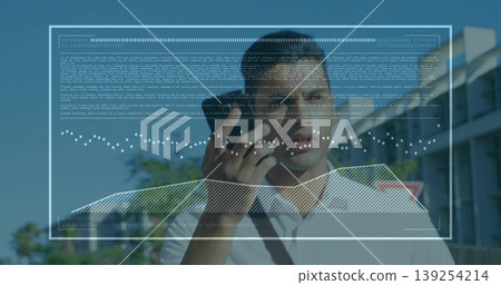 Holding smartphone to ear, man displaying augmented reality overlay with code graph on street Holding smartphone to ear, man displaying augmented reality overlay with code graph on street 139254214