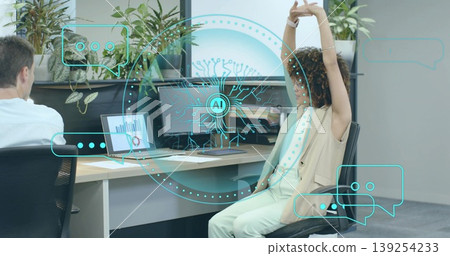 Stretching woman wearing smartwatch leaning back at office desk with monitors plants AI graphics 139254233