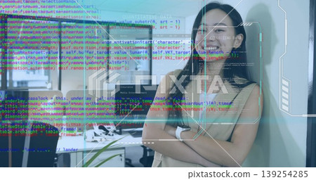 Leaning Chinese tech professional crossing arms at office wall, showing code overlays, copy space Leaning Chinese tech professional crossing arms at office wall, showing code overlays, copy space 139254285