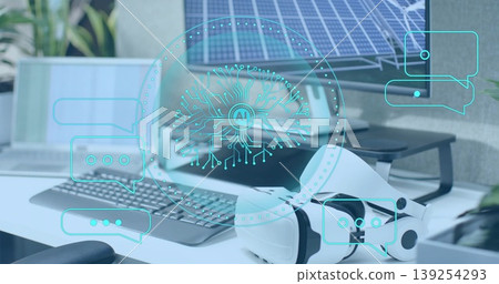 White VR headset projecting AI chat overlays on office desk, with keyboard mouse and solar monitor 139254293
