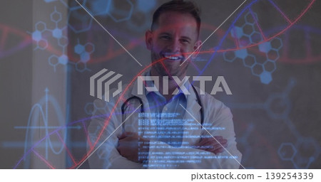 Posing physician wearing lab coat and stethoscope in lab, with DNA helix hexagon code overlays Posing physician wearing lab coat and stethoscope in lab, with DNA helix hexagon code overlays 139254339