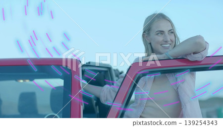 Leaning blonde woman on red convertible door at open plain, with purple graphic streaks, copy space Leaning blonde woman on red convertible door at open plain, with purple graphic streaks, copy space 139254343