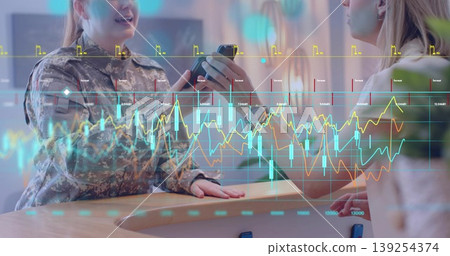 Soldier handing smartphone to desk clerk at wooden reception desk, showing holographic charts 139254374
