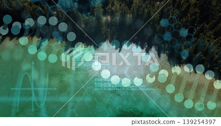 Floating DNA helix overlaying pine forest and turquoise lake, with hex patterns and code waves Floating DNA helix overlaying pine forest and turquoise lake, with hex patterns and code waves 139254397