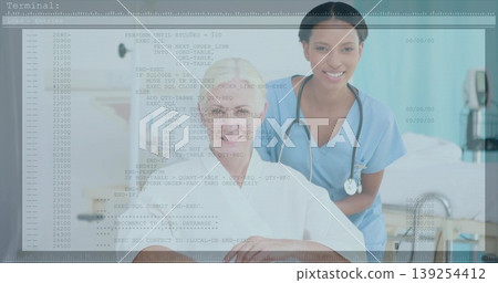 Smiling nurse wearing scrubs and stethoscope tending patient on bed in clinic, with code overlay Smiling nurse wearing scrubs and stethoscope tending patient on bed in clinic, with code overlay 139254412
