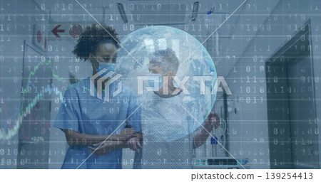 Guiding nurse supporting patient in gown walking hospital corridor with scrubs masks handrails Guiding nurse supporting patient in gown walking hospital corridor with scrubs masks handrails 139254413