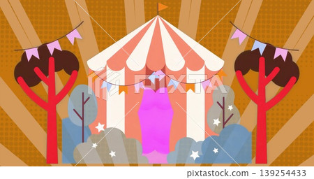 Showcasing large striped carnival tent standing outdoors, with trees, shrubs and colorful bunting Showcasing large striped carnival tent standing outdoors, with trees, shrubs and colorful bunting 139254433