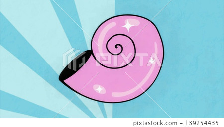 Cartoon-style glossy pink spiral shell floating against two-tone blue radial stripes, flat graphic Cartoon-style glossy pink spiral shell floating against two-tone blue radial stripes, flat graphic 139254435