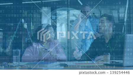 Three professionals in business attire discussing data in conference room, with binary code overlay Three professionals in business attire discussing data in conference room, with binary code overlay 139254446