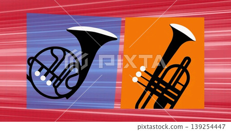 Displaying stylized French horn and trumpet on illustration, contrasting blue and orange panels Displaying stylized French horn and trumpet on illustration, contrasting blue and orange panels 139254447