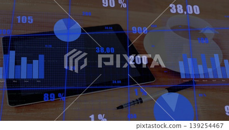 Presenting tablet computer showing analytics overlay on office desk, with coffee cup and pen Presenting tablet computer showing analytics overlay on office desk, with coffee cup and pen 139254467