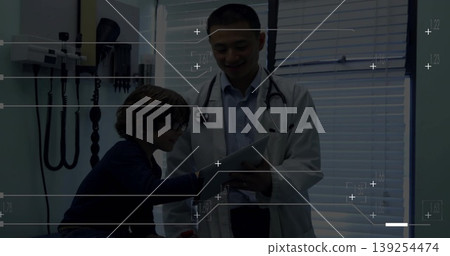 Reviewing physician explaining findings to boy patient in exam room, with stethoscope and clipboard Reviewing physician explaining findings to boy patient in exam room, with stethoscope and clipboard 139254474
