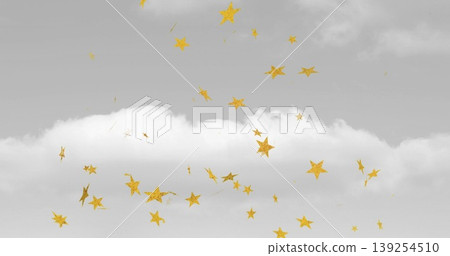 Floating metallic golden star shapes drifting above dense white cloud layer in aerial view, dream Floating metallic golden star shapes drifting above dense white cloud layer in aerial view, dream 139254510