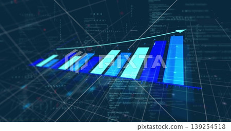 3D bar chart rising in analytics hub, with trend arrow, code snippets, binary digits, grid lines 3D bar chart rising in analytics hub, with trend arrow, code snippets, binary digits, grid lines 139254518