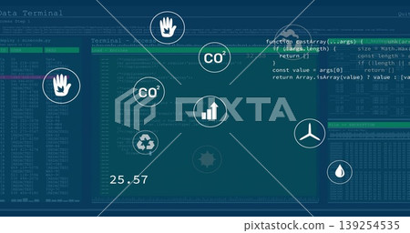 Displaying dashboard with code panels, encryption logs and environmental icons on teal screen Displaying dashboard with code panels, encryption logs and environmental icons on teal screen 139254535