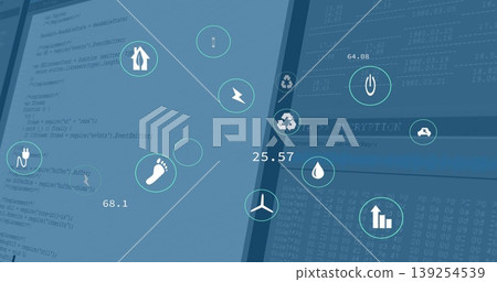 Displaying dashboard showing code and hex panels with floating icons in app interface, with metrics Displaying dashboard showing code and hex panels with floating icons in app interface, with metrics 139254539