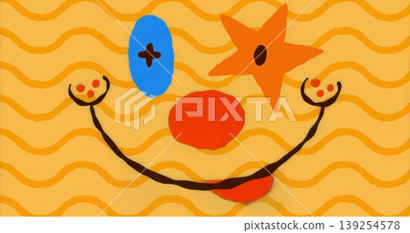 Showing smiley on yellow backdrop, blue-plus-oval and orange-star eyes, black mouth, red circles Showing smiley on yellow backdrop, blue-plus-oval and orange-star eyes, black mouth, red circles 139254578