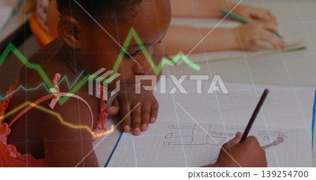 Girl in pink sleeveless top drawing figure in classroom, with pencil and line graph overlay Girl in pink sleeveless top drawing figure in classroom, with pencil and line graph overlay 139254700