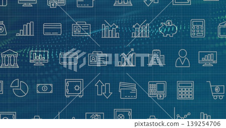 Showing bar chart line graph calculator icons repeating on blue grid, with floating data streams Showing bar chart line graph calculator icons repeating on blue grid, with floating data streams 139254706