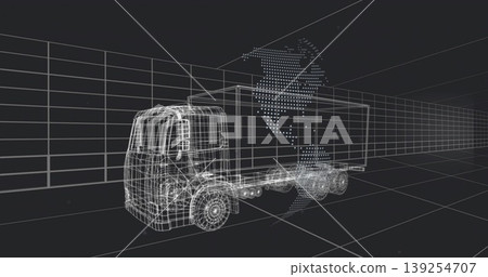 Rendering wireframe semi-truck and container trailer in virtual grid space, with dotted globe 139254707
