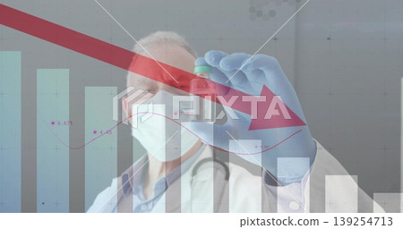 Displaying doctor holding capped vial in lab, wearing mask gloves and stethoscope with chart, arrow Displaying doctor holding capped vial in lab, wearing mask gloves and stethoscope with chart, arrow 139254713