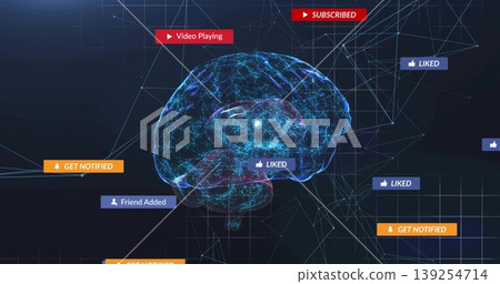 Floating blue wireframe brain glowing, linking through digital network with notification tags Floating blue wireframe brain glowing, linking through digital network with notification tags 139254714