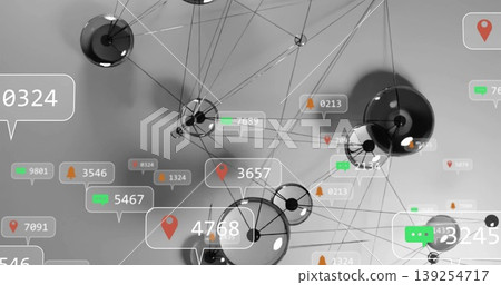 Showing central cluster of metallic nodes with floating data labels and icons in network space Showing central cluster of metallic nodes with floating data labels and icons in network space 139254717