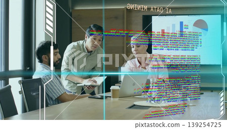 Reviewing AI data mining chart, three colleagues collaborating in boardroom, with holographic code Reviewing AI data mining chart, three colleagues collaborating in boardroom, with holographic code 139254725