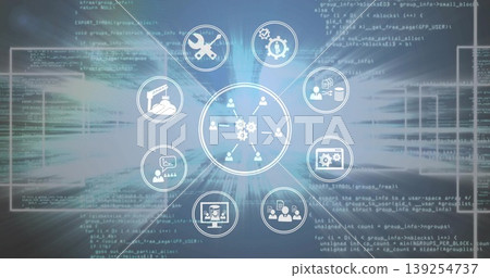 Displaying gear-and-user network diagram over code backdrop, with peripheral software icons Displaying gear-and-user network diagram over code backdrop, with peripheral software icons 139254737