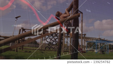 Climbing female athlete scaling pole at outdoor obstacle course, with monkey bars and grid overlay Climbing female athlete scaling pole at outdoor obstacle course, with monkey bars and grid overlay 139254782