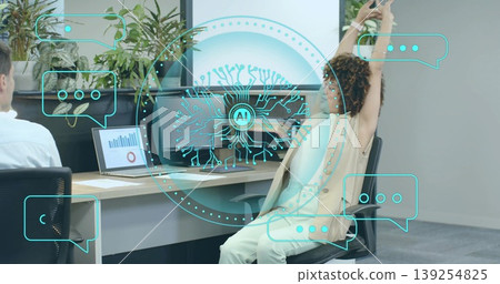 Floating circular AI holographic interface displaying patterns in office, with monitors and plants Floating circular AI holographic interface displaying patterns in office, with monitors and plants 139254825
