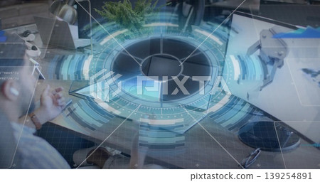 Projecting holographic interface above workstation, with laptop, monitor and robotic arm mount Projecting holographic interface above workstation, with laptop, monitor and robotic arm mount 139254891