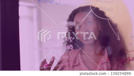 Consultant wearing pink top gesturing and drawing arrows on glass board in office, pink marker 139254899