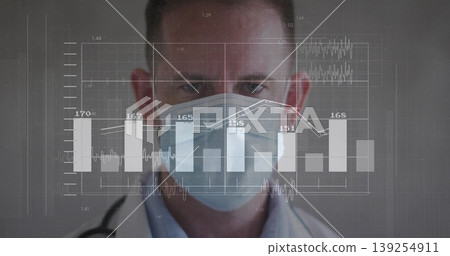 Standing male doctor wearing white coat, mask and stethoscope at gray wall, with digital interface Standing male doctor wearing white coat, mask and stethoscope at gray wall, with digital interface 139254911